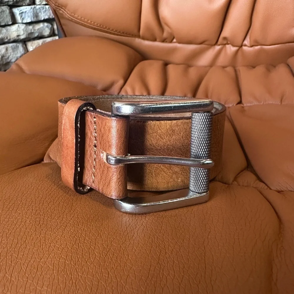 Men’s Well-Loved Brown Leather Belt with Silver Buckle, 38